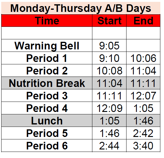 Monday to Thursday Bell Schedule 2526